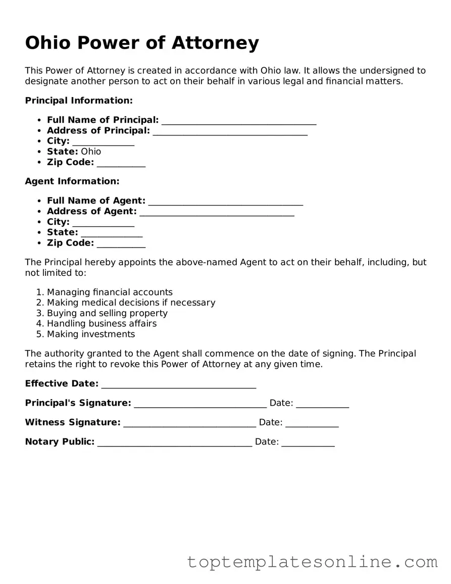 Blank Power of Attorney Template for Ohio State