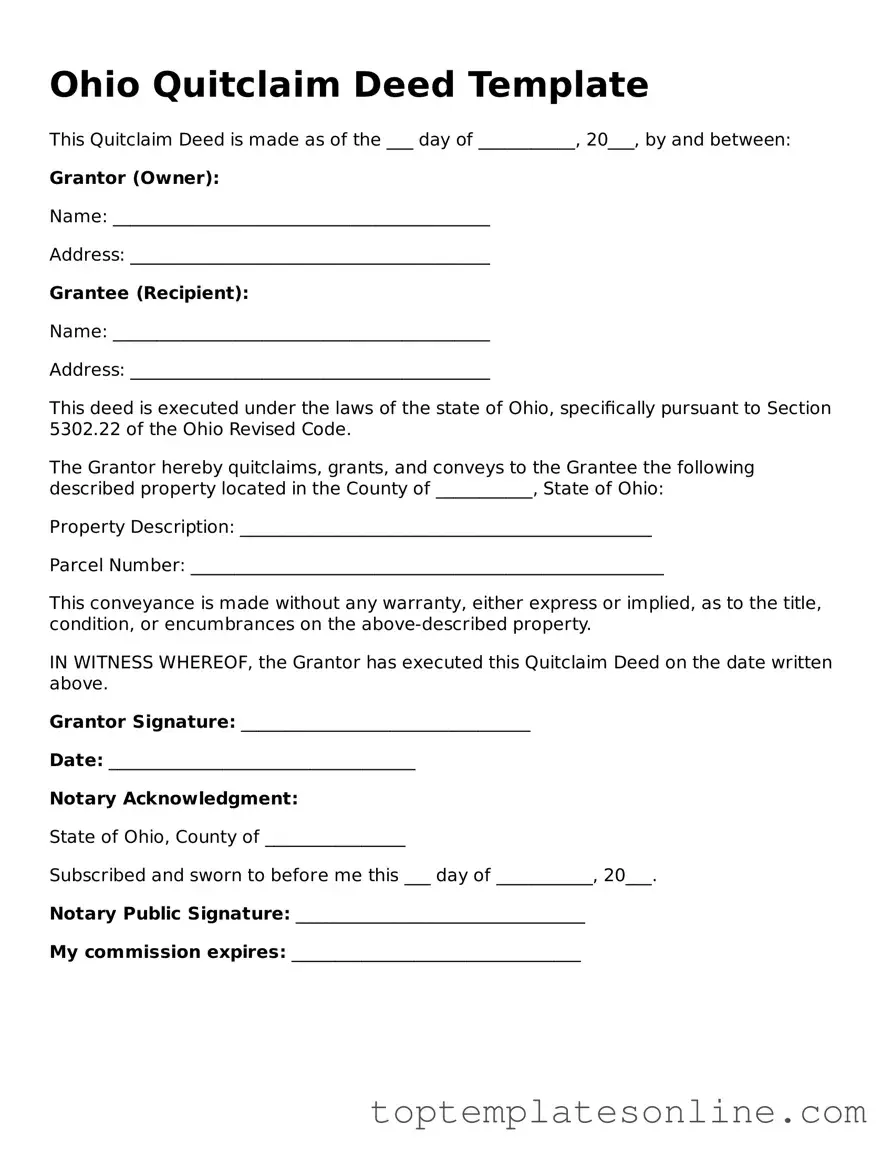 Blank Quitclaim Deed Template for Ohio State