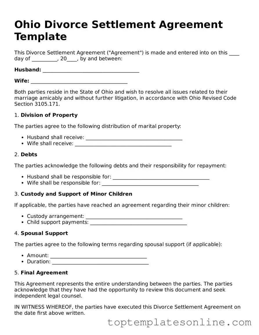 Blank Divorce Settlement Agreement Template for Ohio State