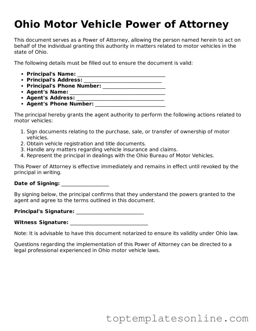 Blank Motor Vehicle Power of Attorney Template for Ohio State