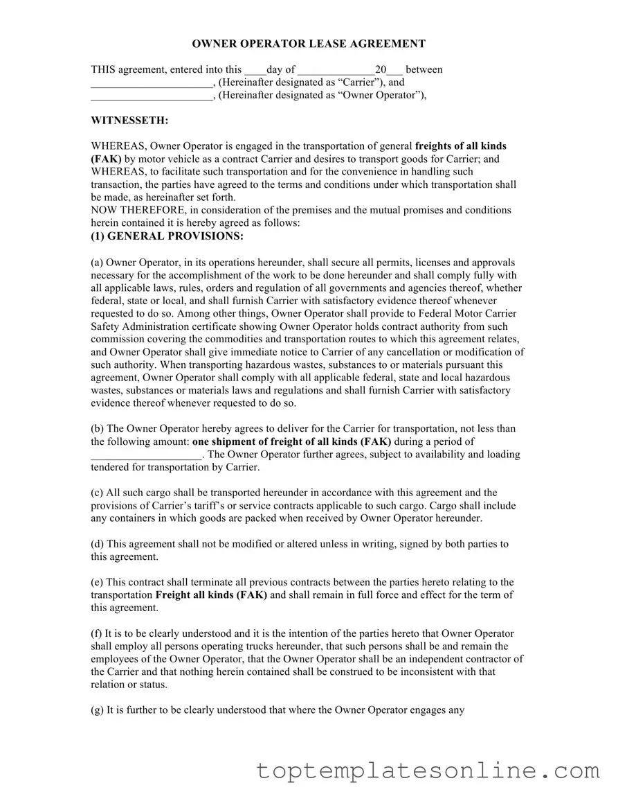 Fillable Owner Operator Lease Agreement Form