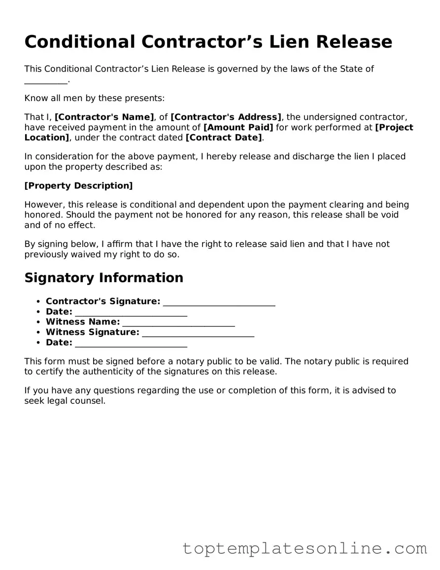Attorney-Approved Conditional Contractor’s Lien Release Form