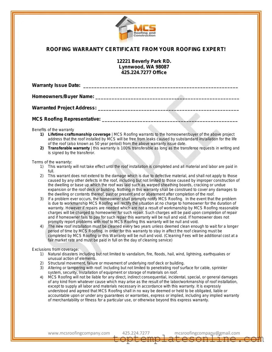 Fillable Roofing Warranty Certificate Form