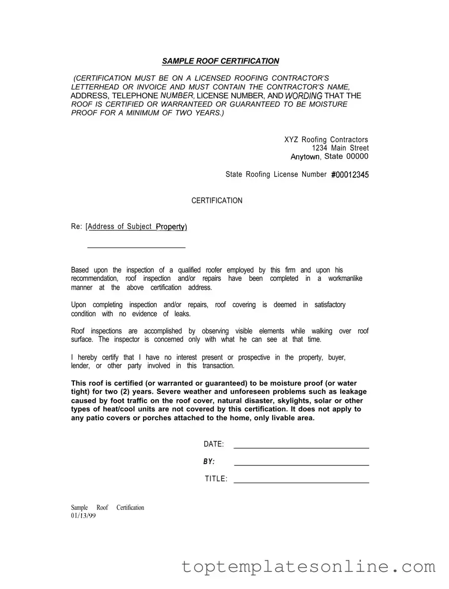 Fillable Sample Roof Certification Form