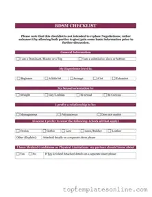 Fillable Bdsm Checklist Form