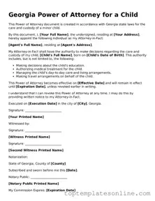 Blank Power of Attorney for a Child Template for Georgia State