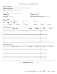 Fillable High School Transcript Form