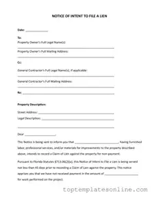 Fillable Intent To Lien Florida Form