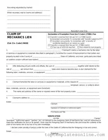 Fillable Mechanics Lien California Form