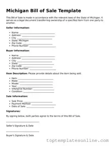 Blank Bill of Sale Template for Michigan State