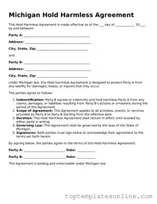Blank Hold Harmless Agreement Template for Michigan State