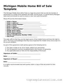 Blank Mobile Home Bill of Sale Template for Michigan State