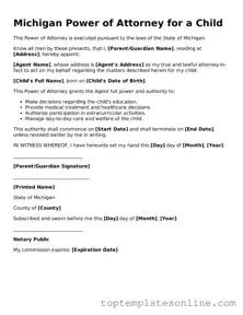 Blank Power of Attorney for a Child Template for Michigan State
