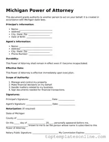 Blank Power of Attorney Template for Michigan State