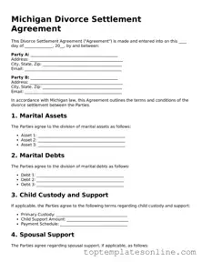 Blank Divorce Settlement Agreement Template for Michigan State