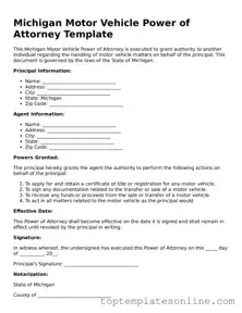 Blank Motor Vehicle Power of Attorney Template for Michigan State