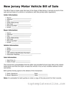 Blank Motor Vehicle Bill of Sale Template for New Jersey State