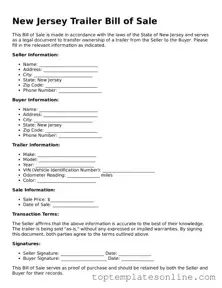Blank Trailer Bill of Sale Template for New Jersey State