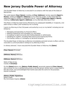 Blank Durable Power of Attorney Template for New Jersey State