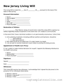 Blank Living Will Template for New Jersey State