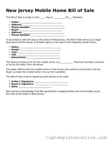 Blank Mobile Home Bill of Sale Template for New Jersey State