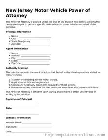 Blank Motor Vehicle Power of Attorney Template for New Jersey State