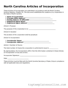 Blank Articles of Incorporation Template for North Carolina State