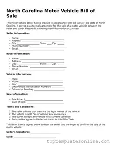 Blank Motor Vehicle Bill of Sale Template for North Carolina State