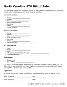 Blank ATV Bill of Sale Template for North Carolina State