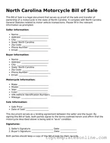 Blank Motorcycle Bill of Sale Template for North Carolina State
