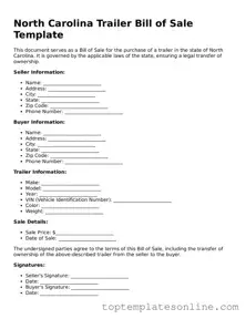 Blank Trailer Bill of Sale Template for North Carolina State