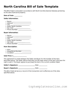 Blank Bill of Sale Template for North Carolina State