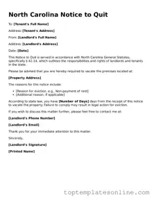 Blank Notice to Quit Template for North Carolina State