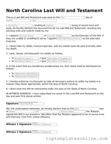 Blank Last Will and Testament Template for North Carolina State