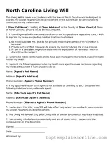 Blank Living Will Template for North Carolina State