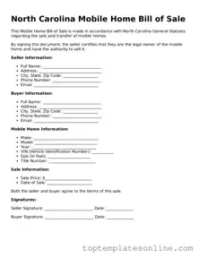 Blank Mobile Home Bill of Sale Template for North Carolina State