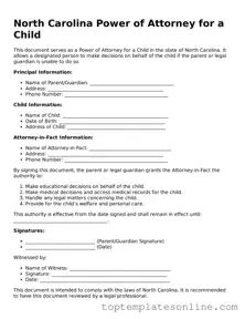 Blank Power of Attorney for a Child Template for North Carolina State