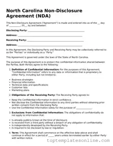 Blank Non-disclosure Agreement Template for North Carolina State