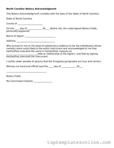 Blank Notary Acknowledgement Template for North Carolina State
