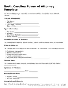 Blank Power of Attorney Template for North Carolina State