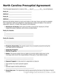 Blank Prenuptial Agreement Template for North Carolina State