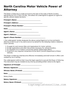 Blank Motor Vehicle Power of Attorney Template for North Carolina State