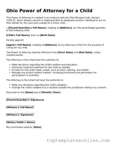 Blank Power of Attorney for a Child Template for Ohio State