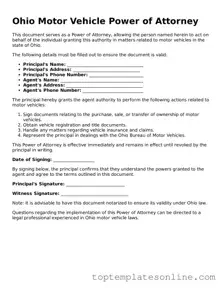 Blank Motor Vehicle Power of Attorney Template for Ohio State