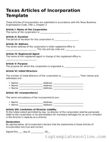 Blank Articles of Incorporation Template for Texas State