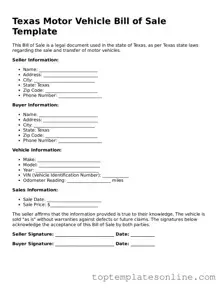 Blank Motor Vehicle Bill of Sale Template for Texas State