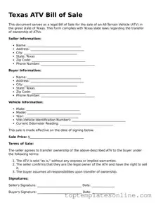 Blank ATV Bill of Sale Template for Texas State