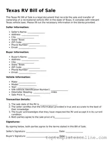 Blank RV Bill of Sale Template for Texas State