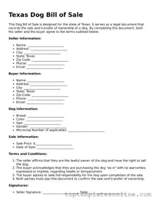 Blank Dog Bill of Sale Template for Texas State
