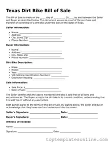 Blank Dirt Bike Bill of Sale Template for Texas State